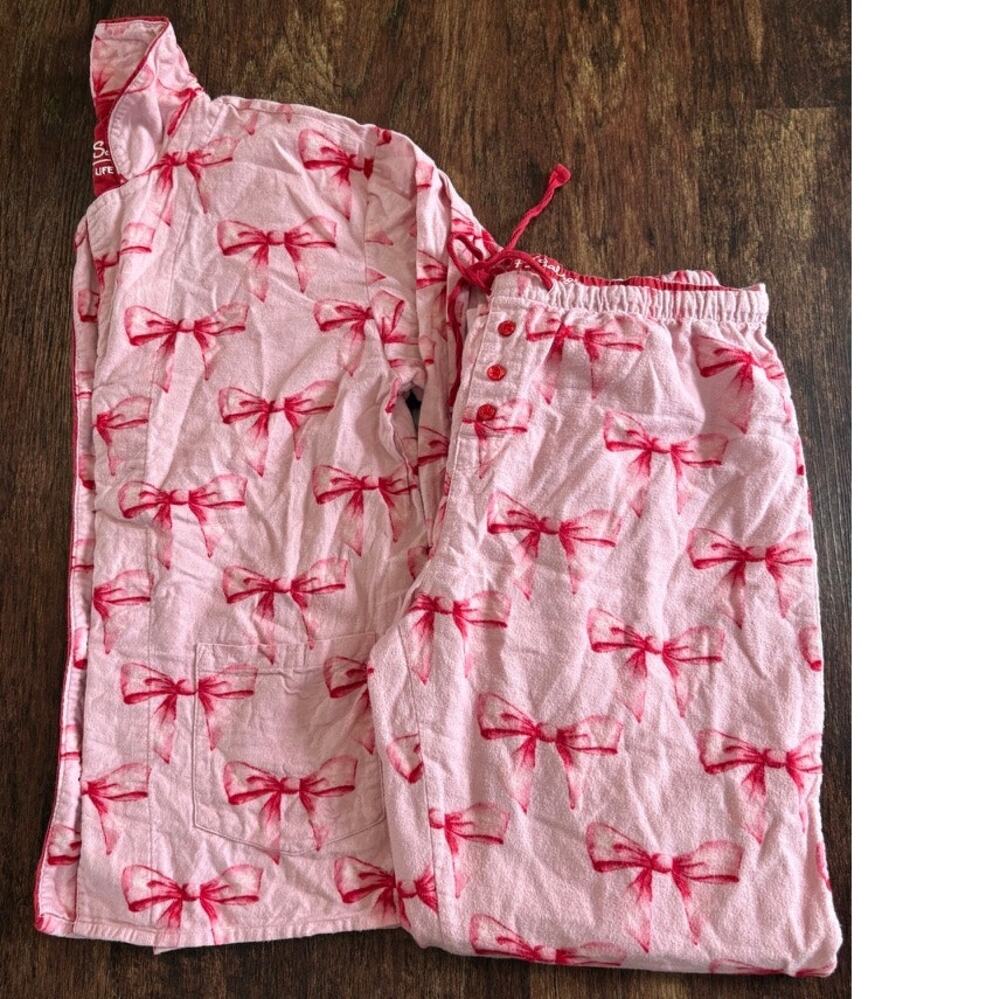 P.J. Salvage Pink Flannel Pajama Set Red Bow Print Long Sleeve Top Pants Sz M